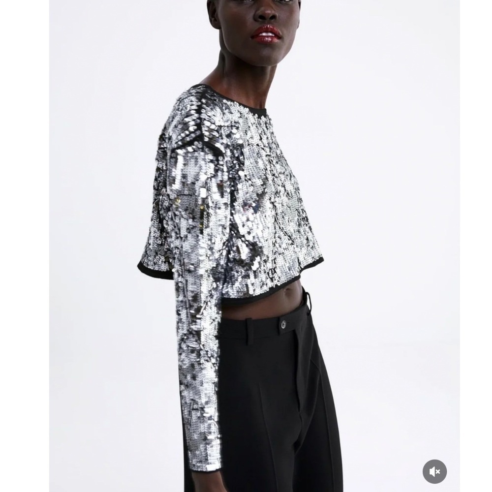 Zara Womens Size Small Long Sleeve Cropped Sequin Top Silver Black Crewneck Boxy